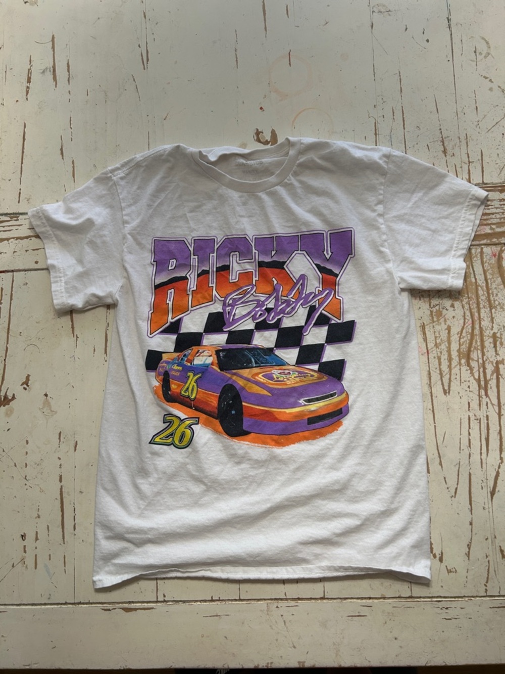 White Kids Racing Graphic Tee with Purple & Orange Race Car
